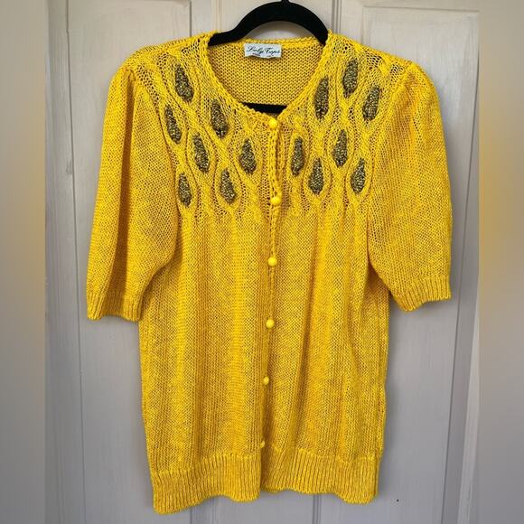 Vintage Loly Tops Yellow Open Knit Short Sleeve Sweater – Made in Italy Medium - Picture 1 of 5